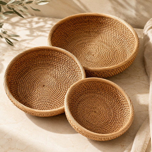 Handwoven Rattan Bowl Basket – Decorative Woven Fruit Tray