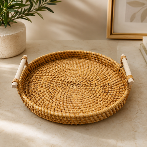 Handwoven Rattan Serving Tray with Handles