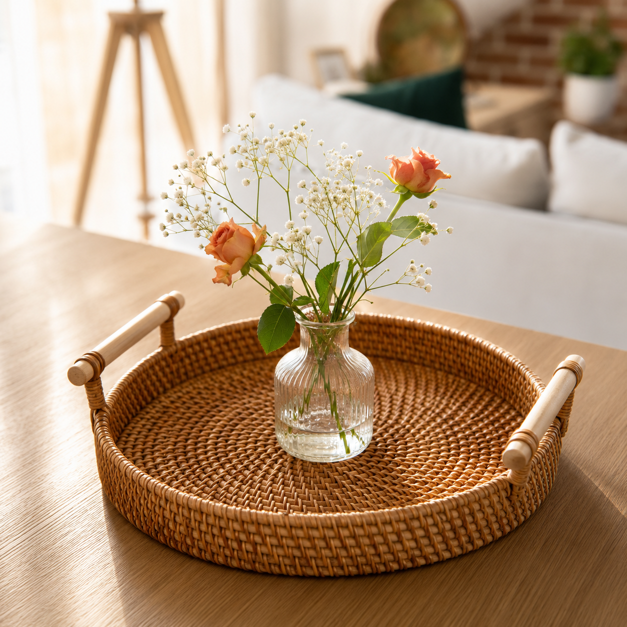 Handwoven Rattan Serving Tray with Handles