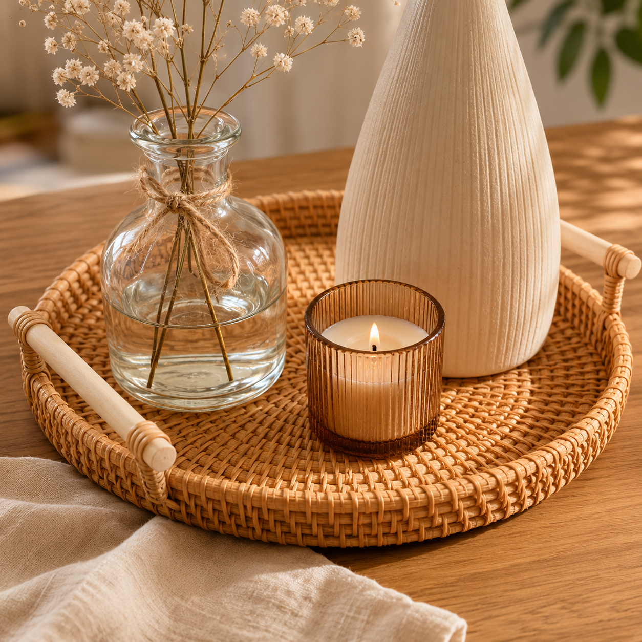 Handwoven Rattan Serving Tray with Handles