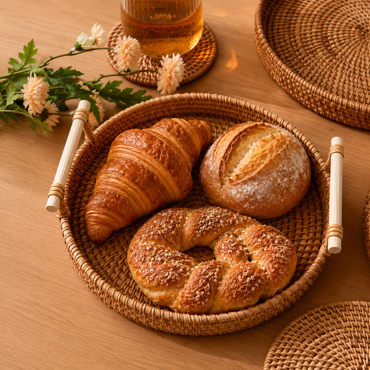 Handwoven Rattan Serving Tray with Handles