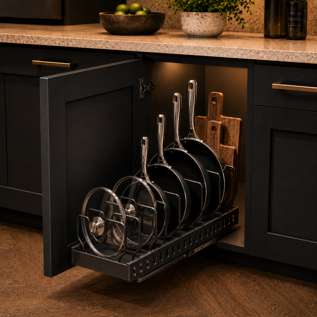 Pull-Out Pan Organiser Rack – Adjustable Cabinet Storage