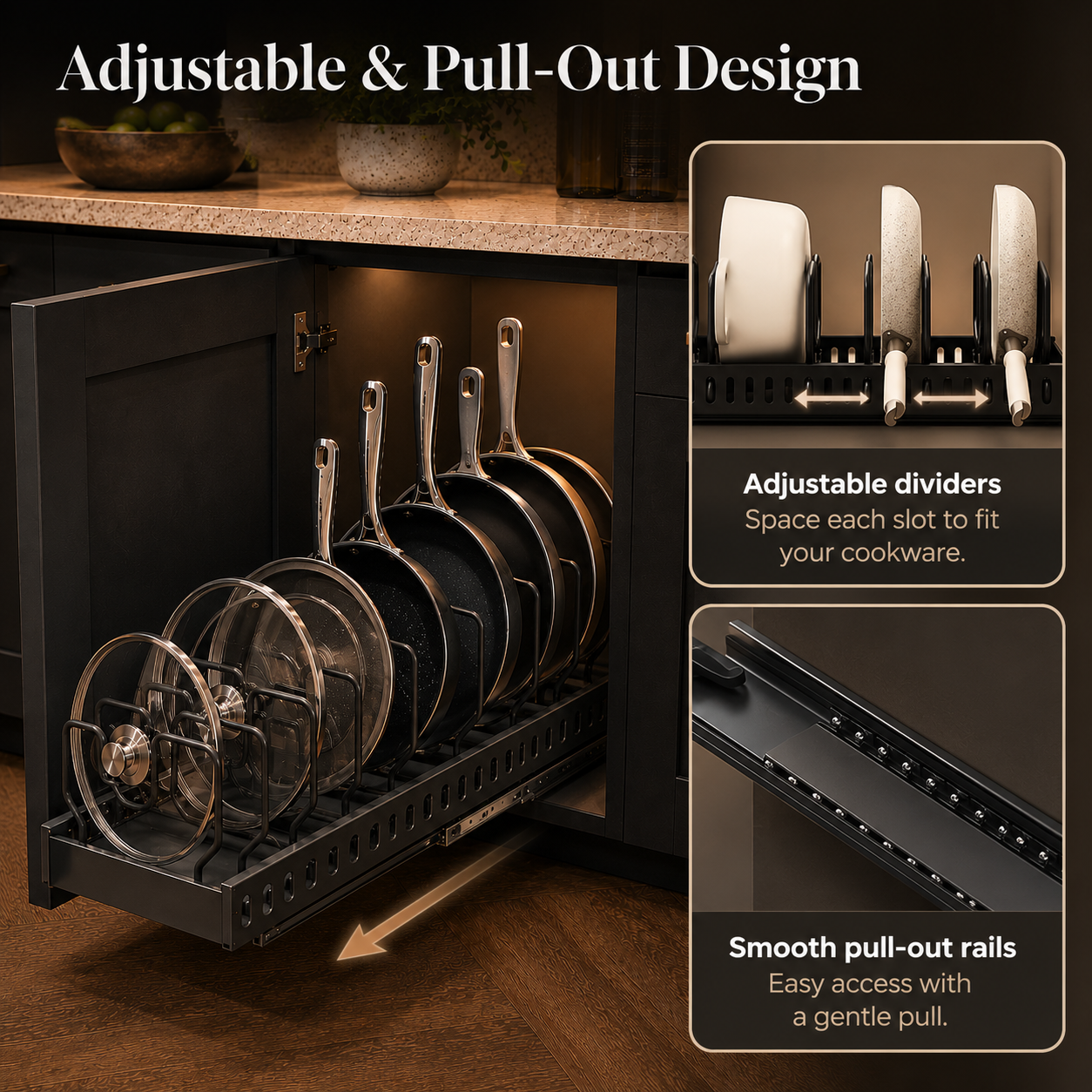 Pull-Out Pan Organiser Rack – Adjustable Cabinet Storage