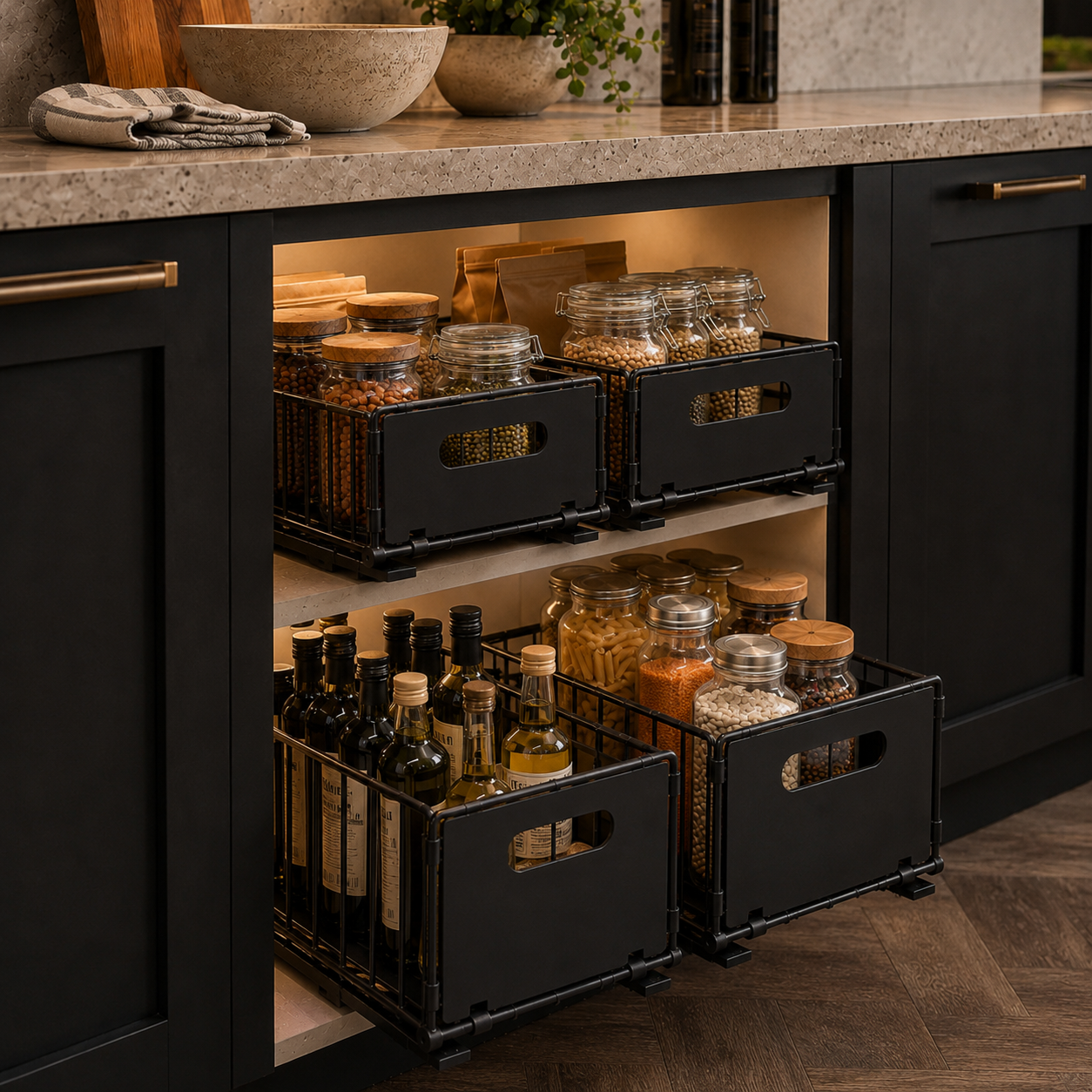 Pull-Out Kitchen Cupboard Organiser Set – Sliding Storage Baskets